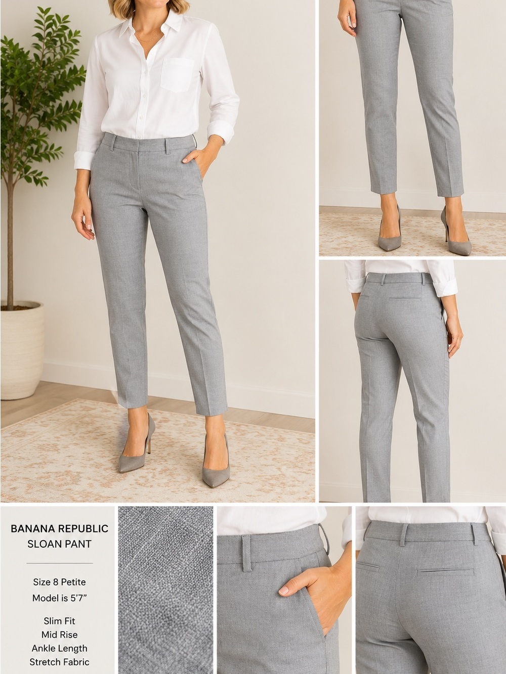 Banana Republic Sloan Gray Stretch Ankle Dress Pants 8P Office/Career Slim Fit